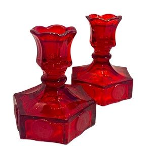 Set of Two Fostoria Ruby Red Coin Glass Candle Holders vintage Liberty Bell